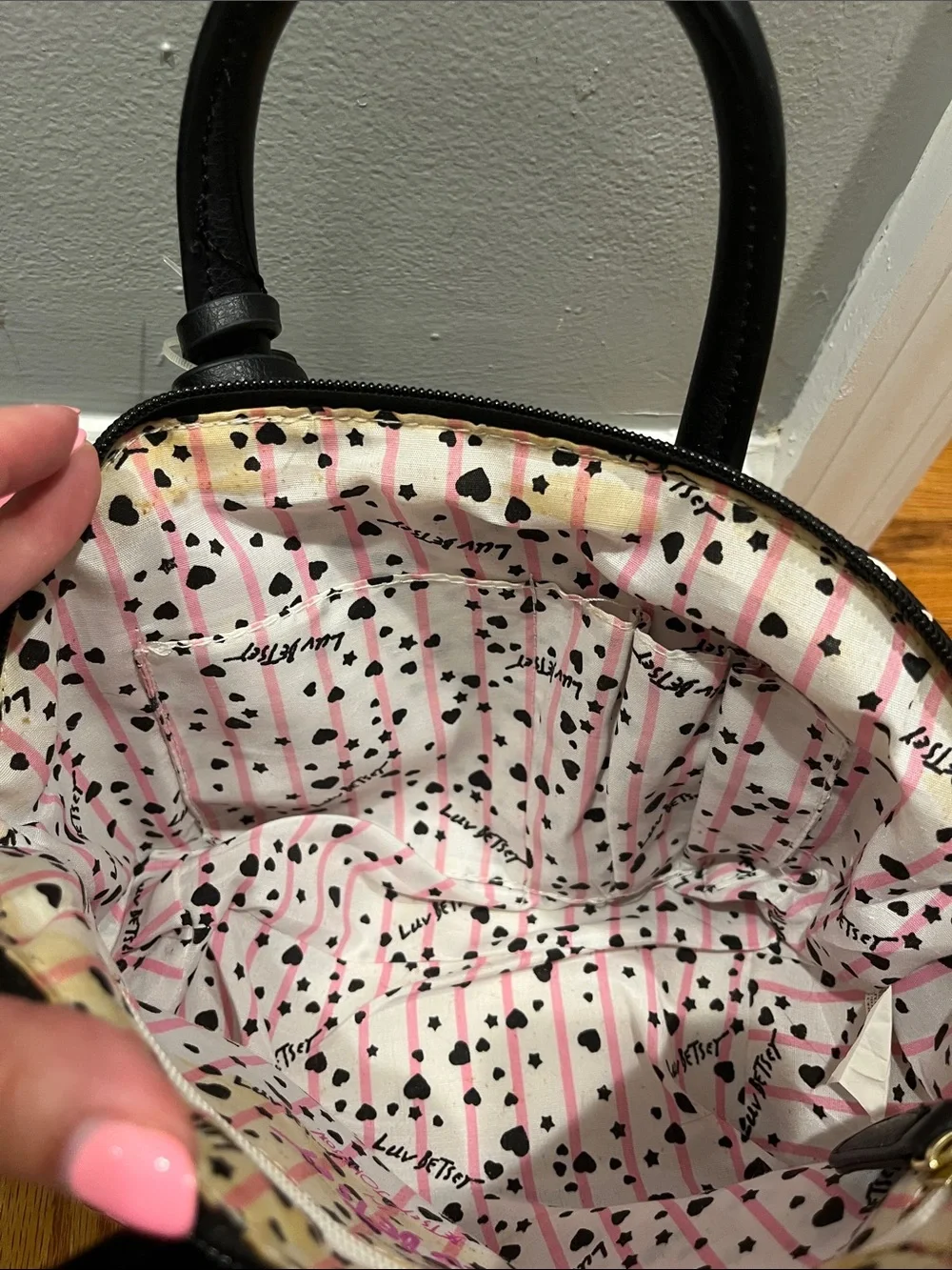 Betsey Johnson Black Heart 'Luv' Print Unicorn Applique Satchel